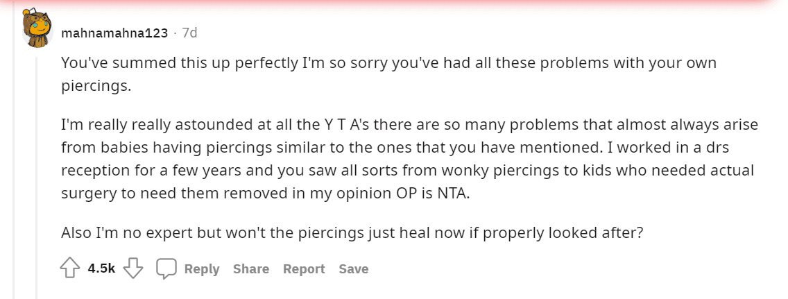 A user's comment on the story of a father furious about his daughter's piercing. | Photo: r/AmItheAsshole
