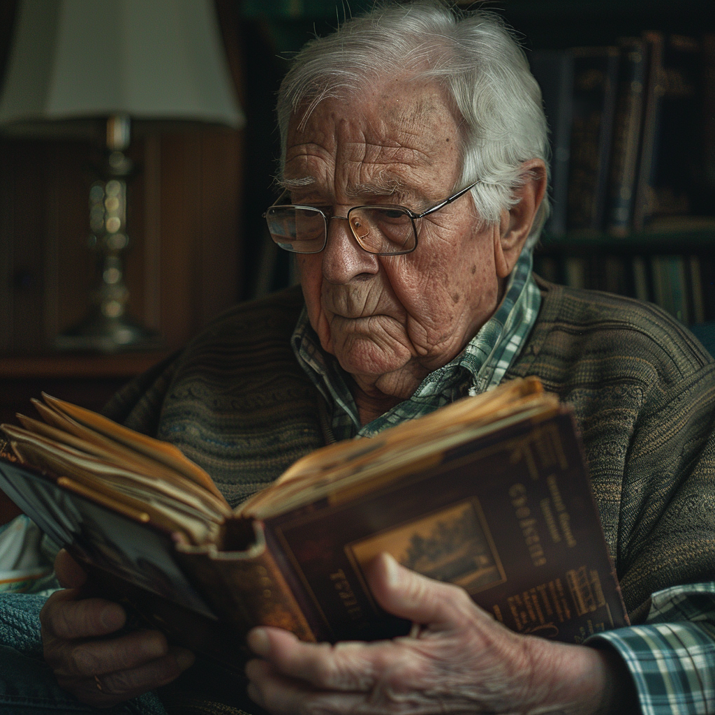 A grandfather looking at an old photo album | Source: Midjourney