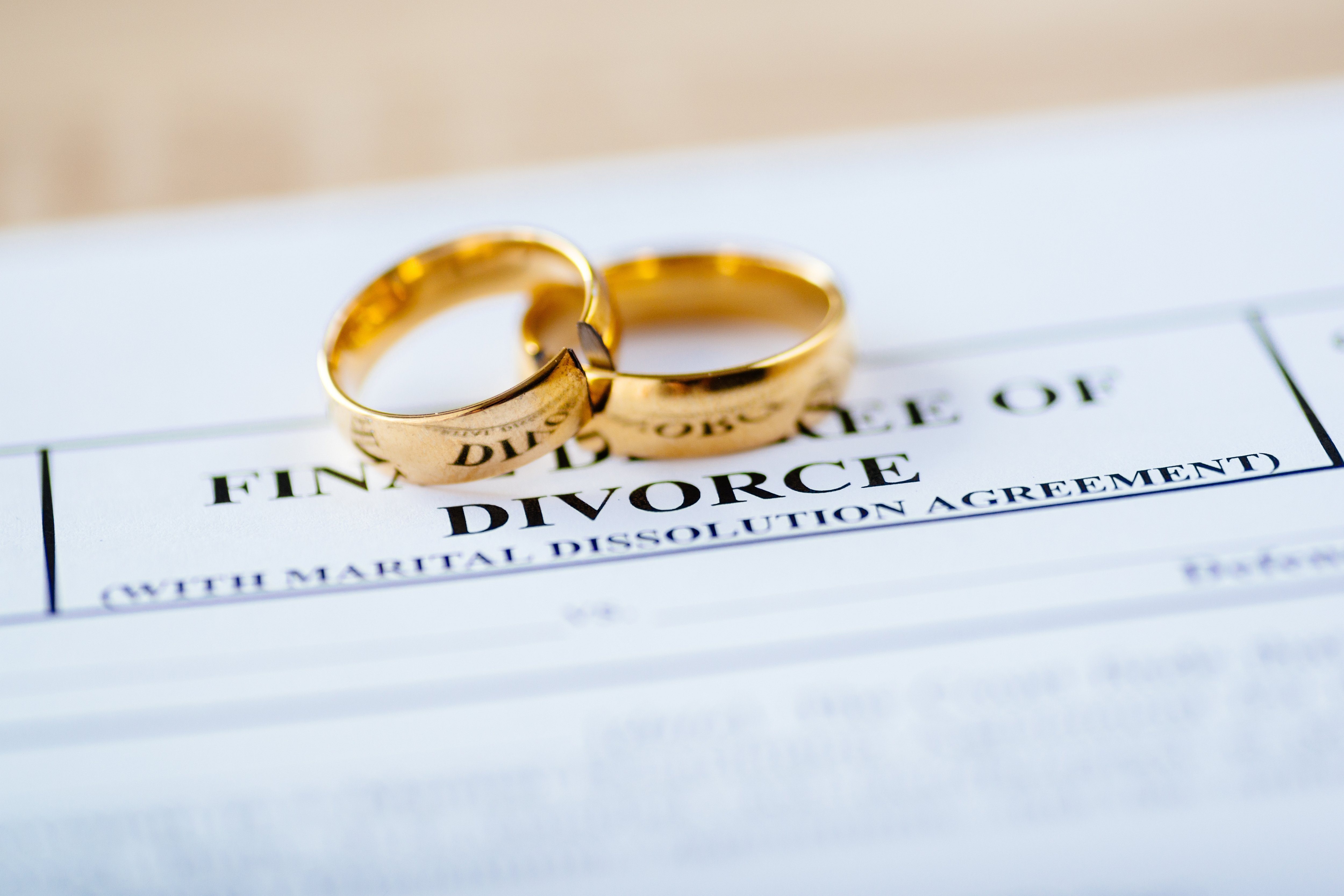 Golden wedding rings left on a divorce decree document | Shutterstock
