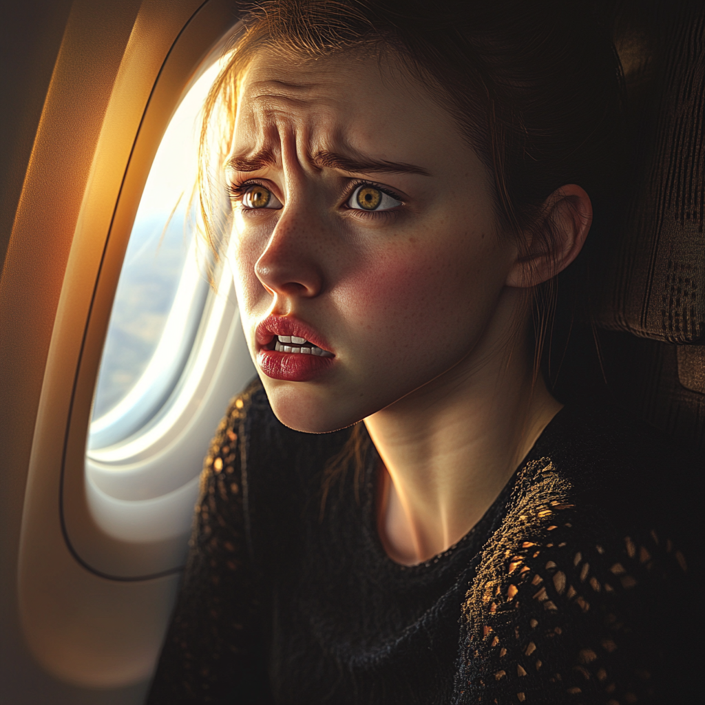 A shocked woman in an airplane | Source: Midjourney