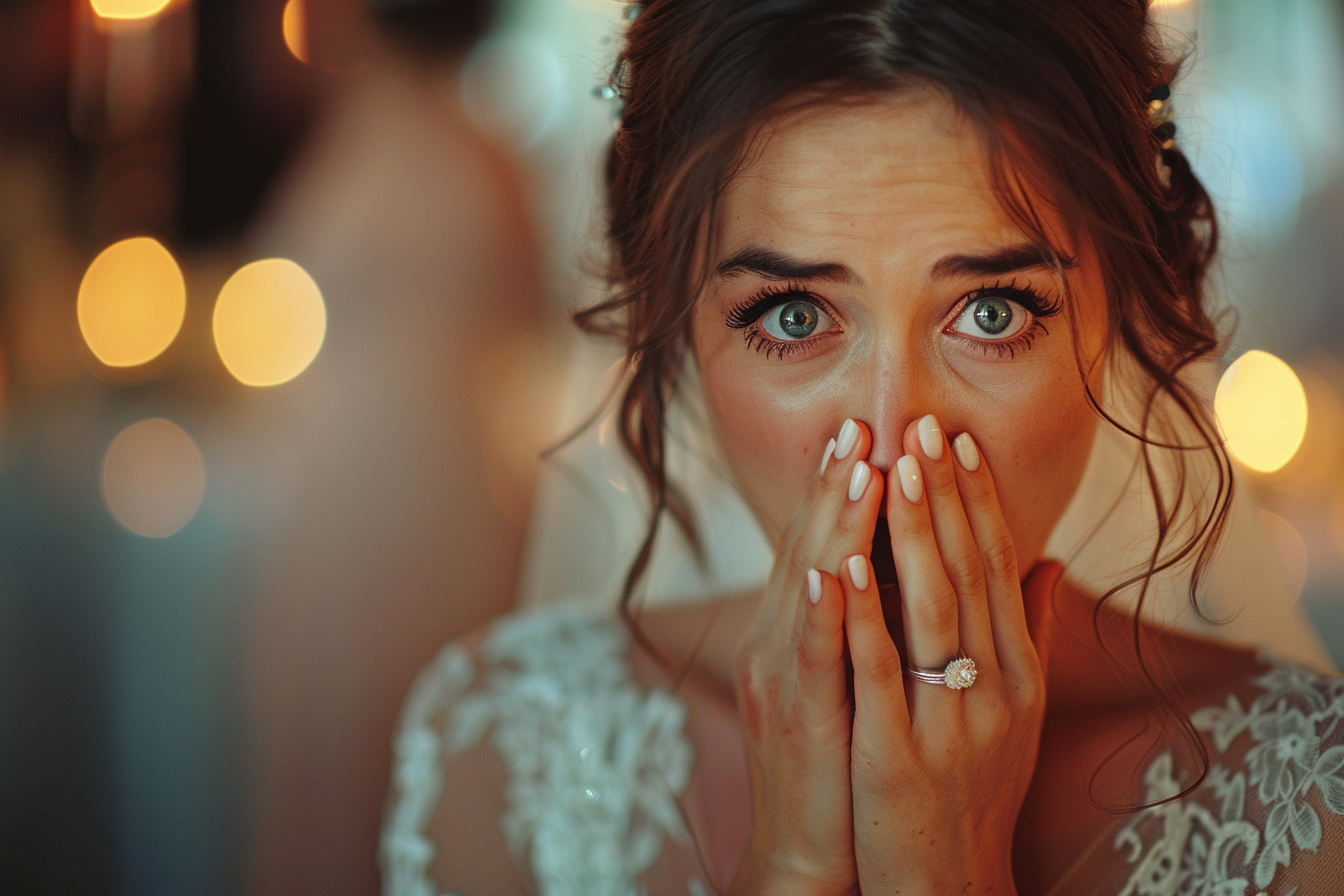 Extremely shocked bride covering her mouth | Source: Midjourney