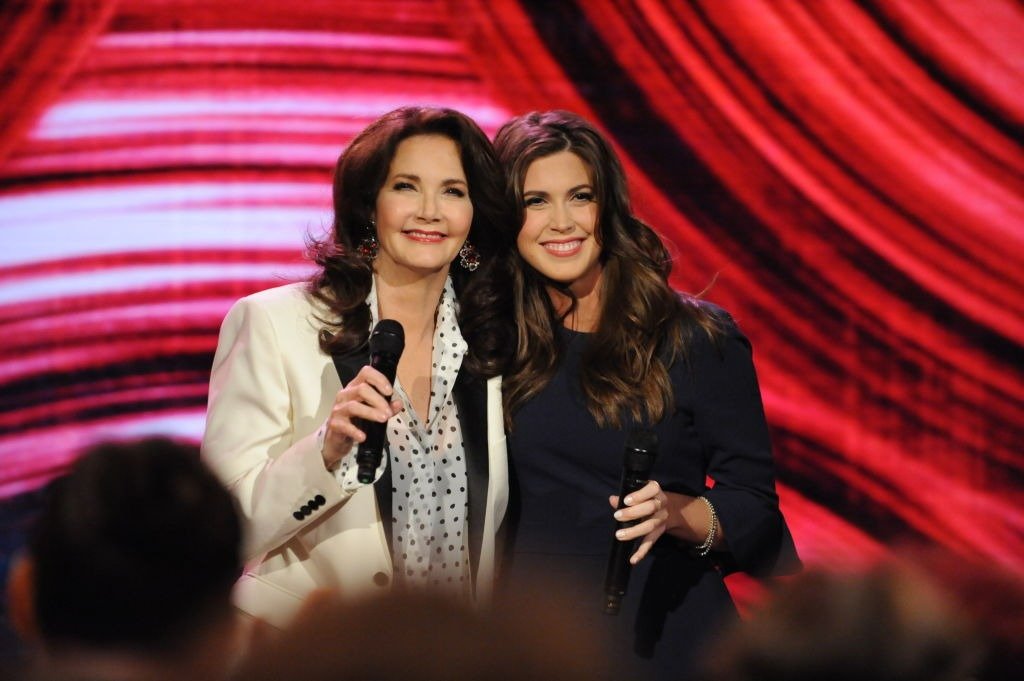 Lynda Carter and her daughter Jessica Altman on the CBS Television Network to perform on "The Talk," Friday, March 23, 2018 