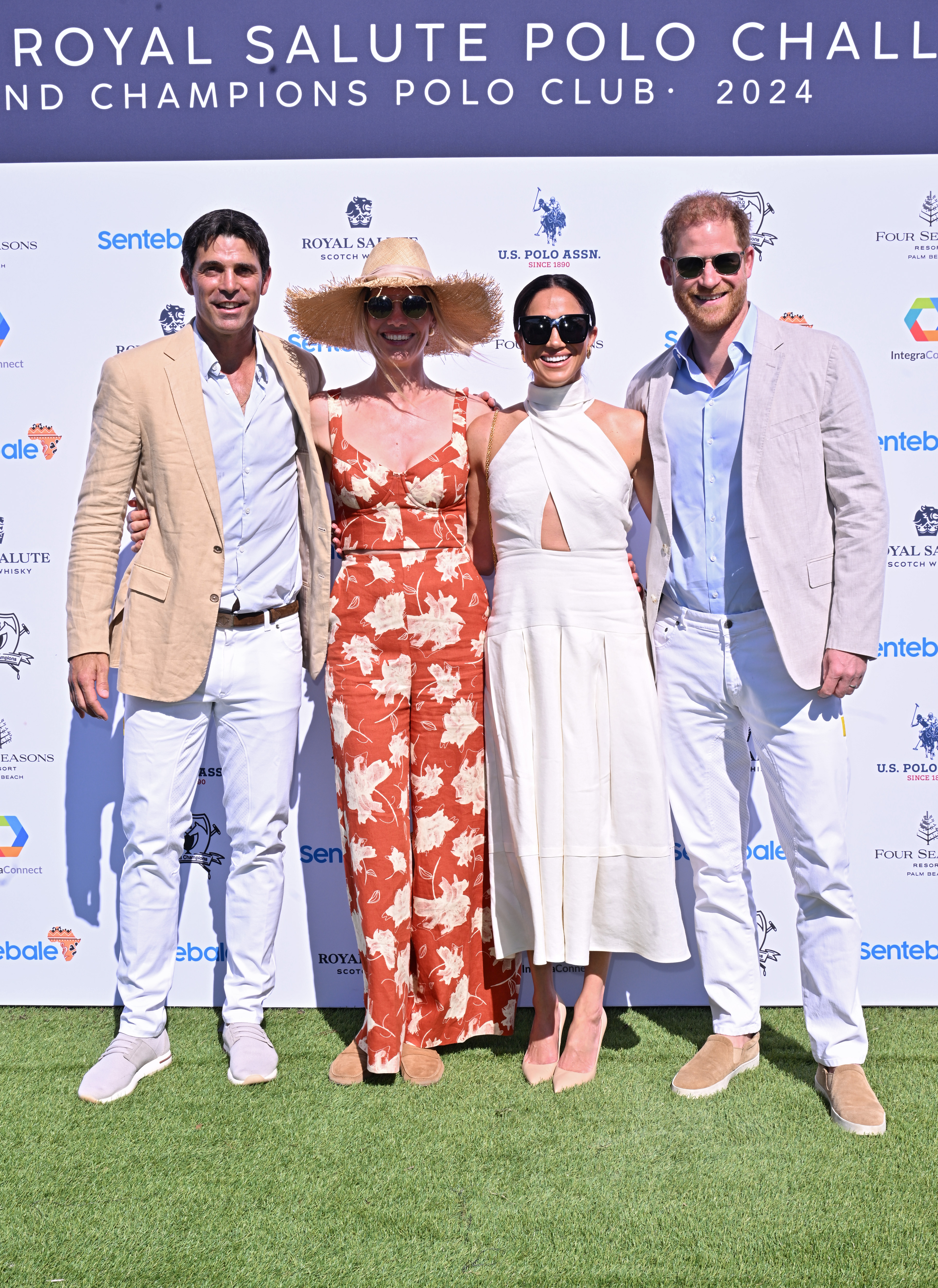 Meghan Markle and Prince Harry with their friends, Nacho Figueras and Delfina Blaquier, at the Royal Salute Polo Challenge benefitting Sentebale in Wellington, Florida on April 12, 2024 | Source: Getty Images