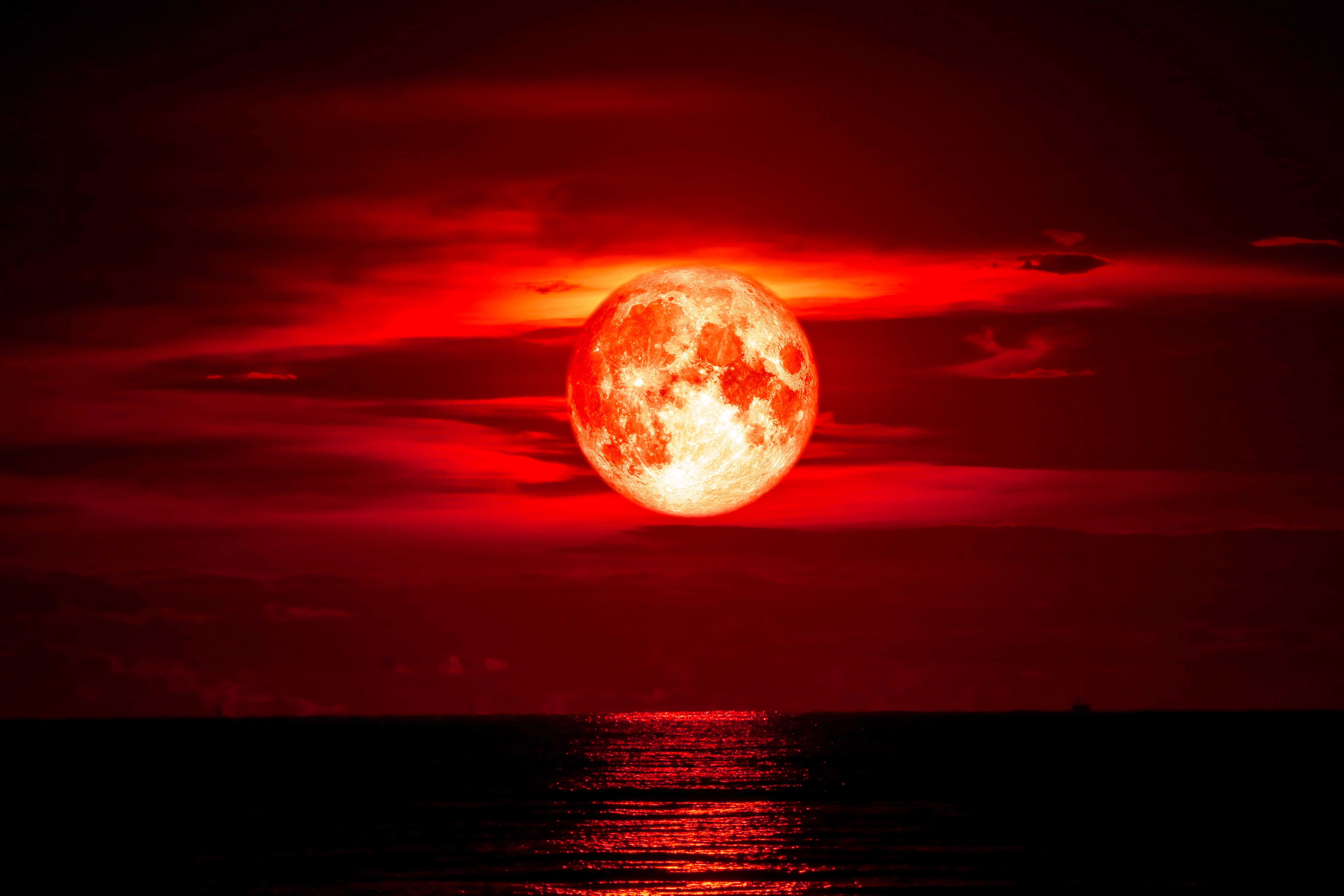 Full blood moon on sea and ocean light sky silhouette cloud, with elements of this image furnished by NASA | Photo: Shutterstock
