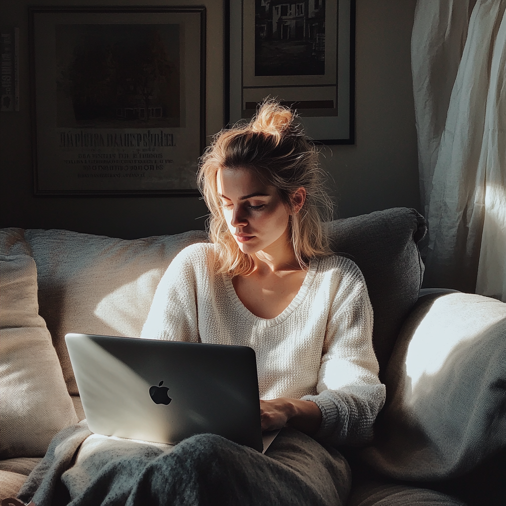 A woman using a laptop | Source: Midjourney