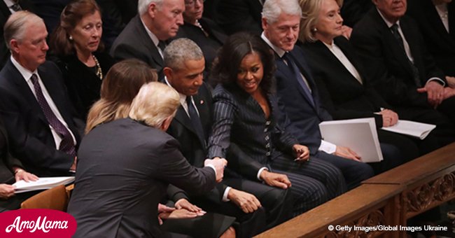 Trumps and Obamas first meeting since inauguration results in awkward greeting at Bush's funeral