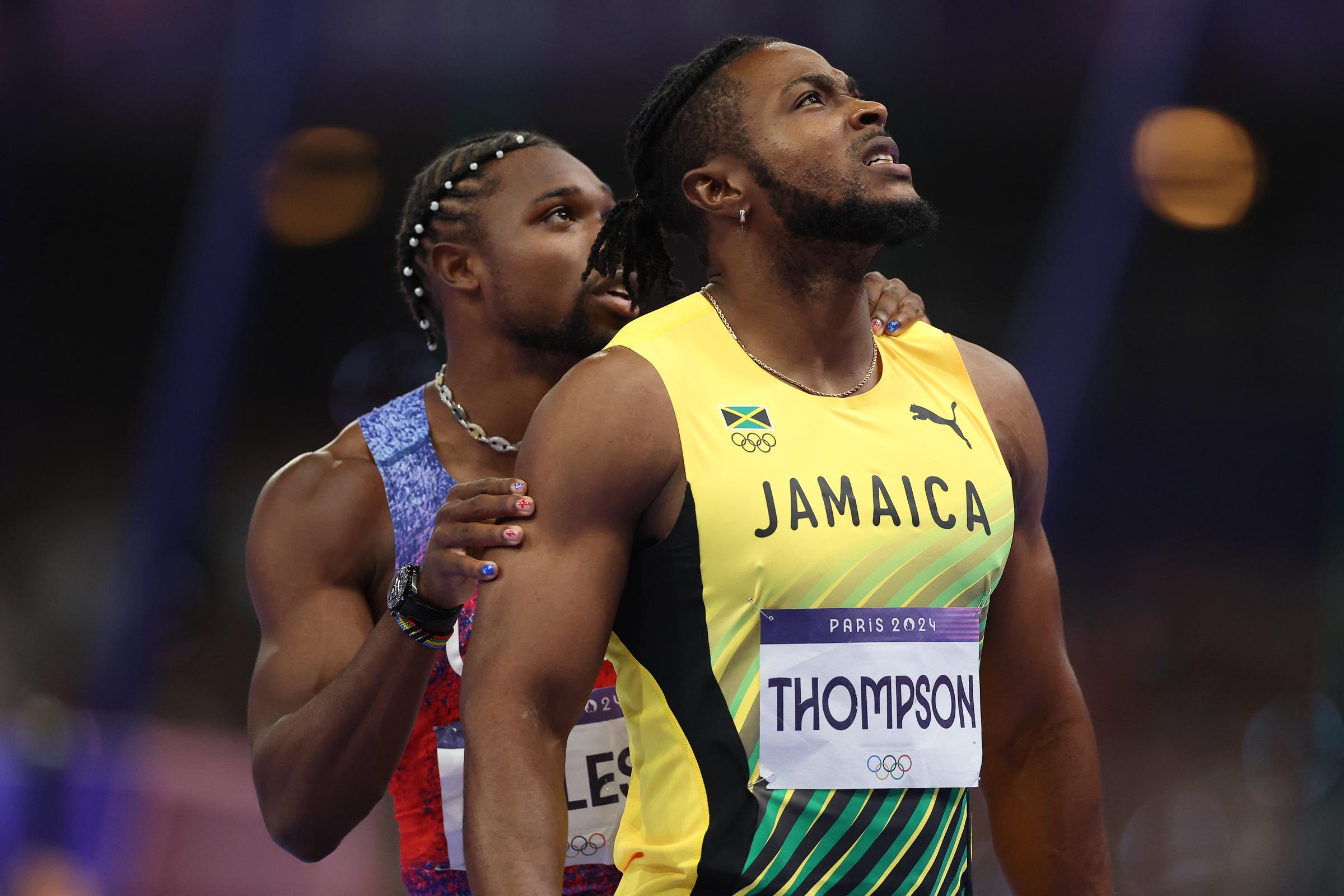 Noah Lyles and Kishane Thompson awaiting the results of the Men's 100-meter Final of the Olympic Games Paris 2024 on August 4, in France. | Source: Getty Images