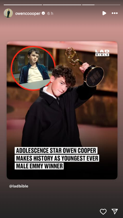 Owen Cooper's Instagram Story post after he won his Emmy, posted on September 15, 2025. | Source: Instagram/owencooper