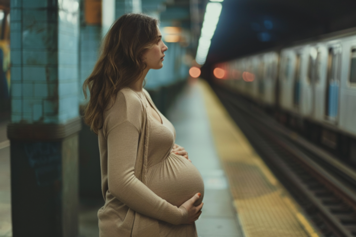 A heavily pregnant woman on a subway platform | Source: Midjourney