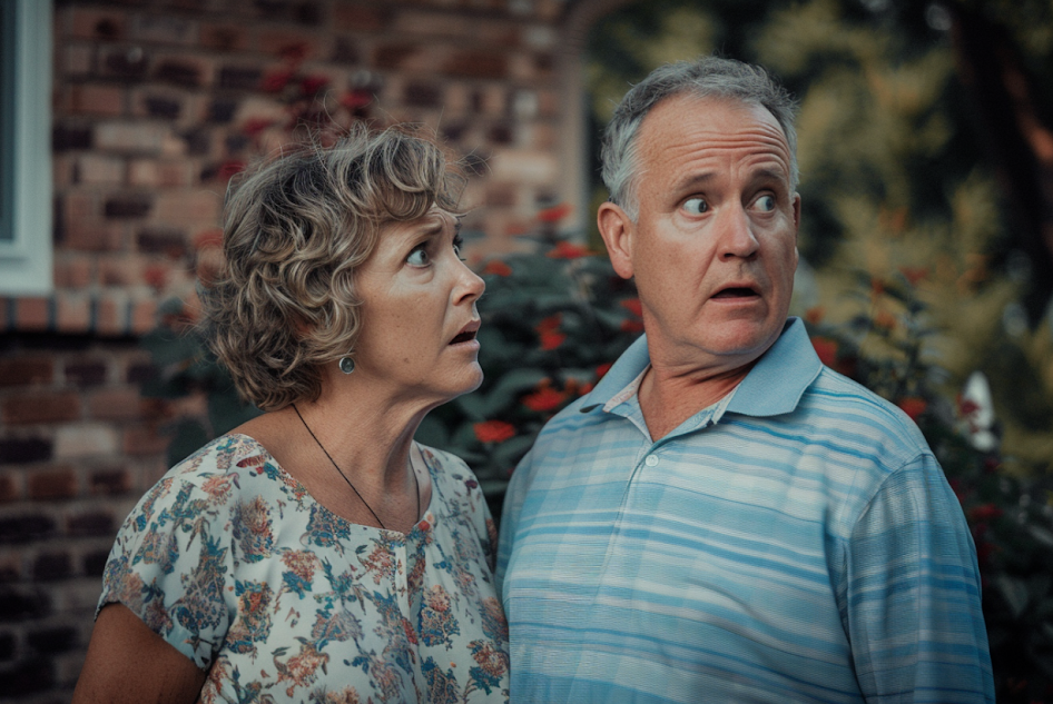 A concerned couple standing outside their house | Source: Midjourney