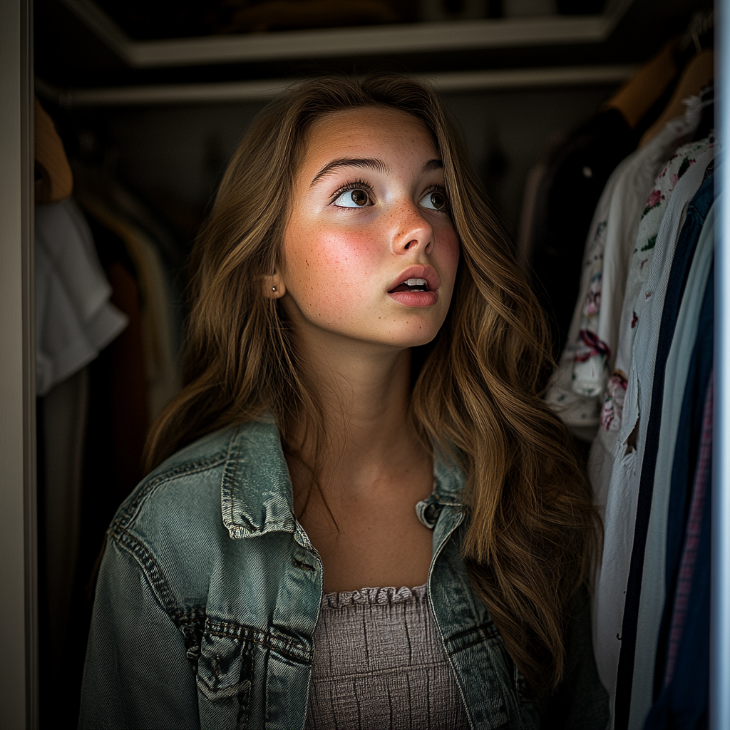 A shocked girl in her closet | Source: Midjourney