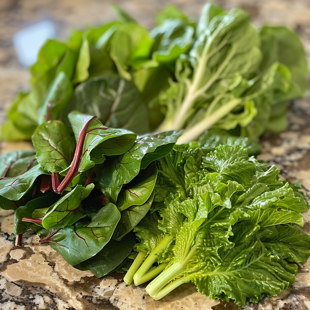 Leafy vegetables on a countertop | Source: Midjourney