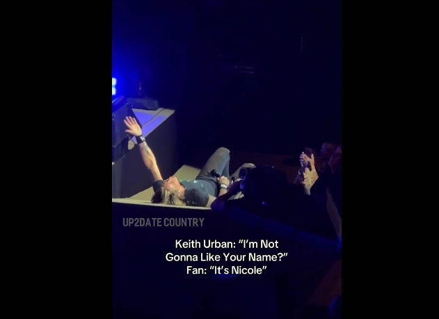 Keith Urban reacting to a fan revealing her name during his recent concert from a post dated October 18, 2025. | Source: TikTok/up2datecountry.live