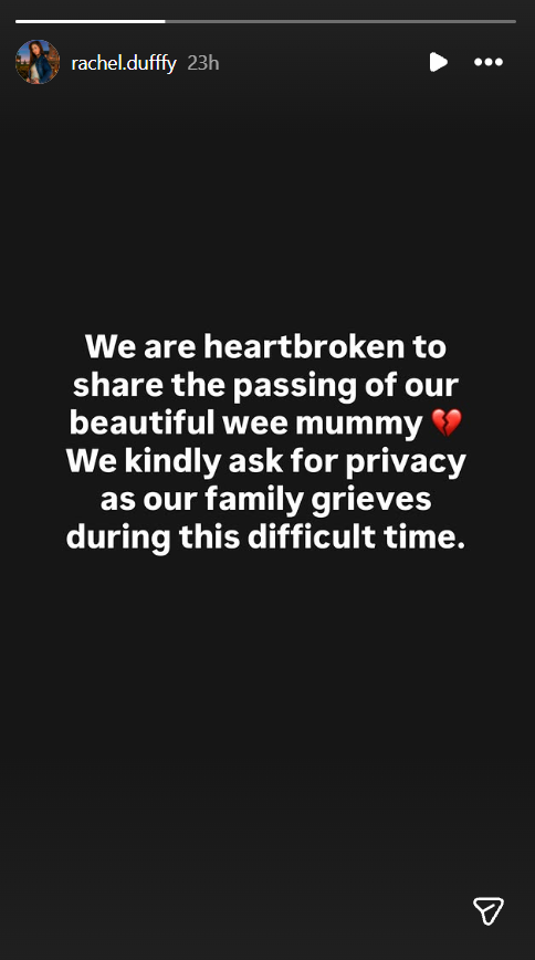 Rachel Duffy announces her mother's passing on 27 January 2025. | Source: Instagram Stories/rachel.duffy