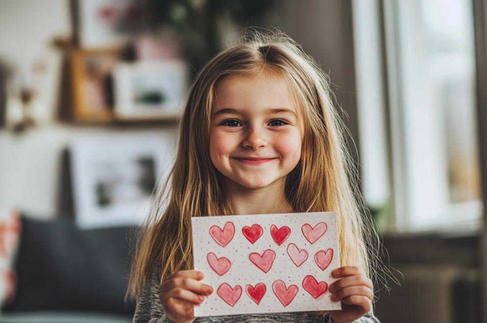 A cheerful little girl holding a drawing | Source: Midjourney