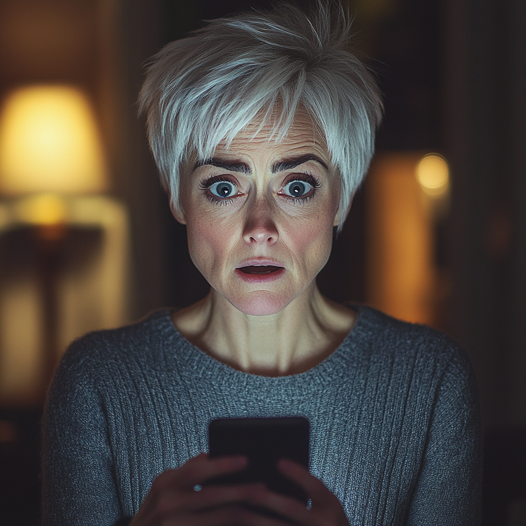 A shocked woman typing on her phone | Source: Midjourney