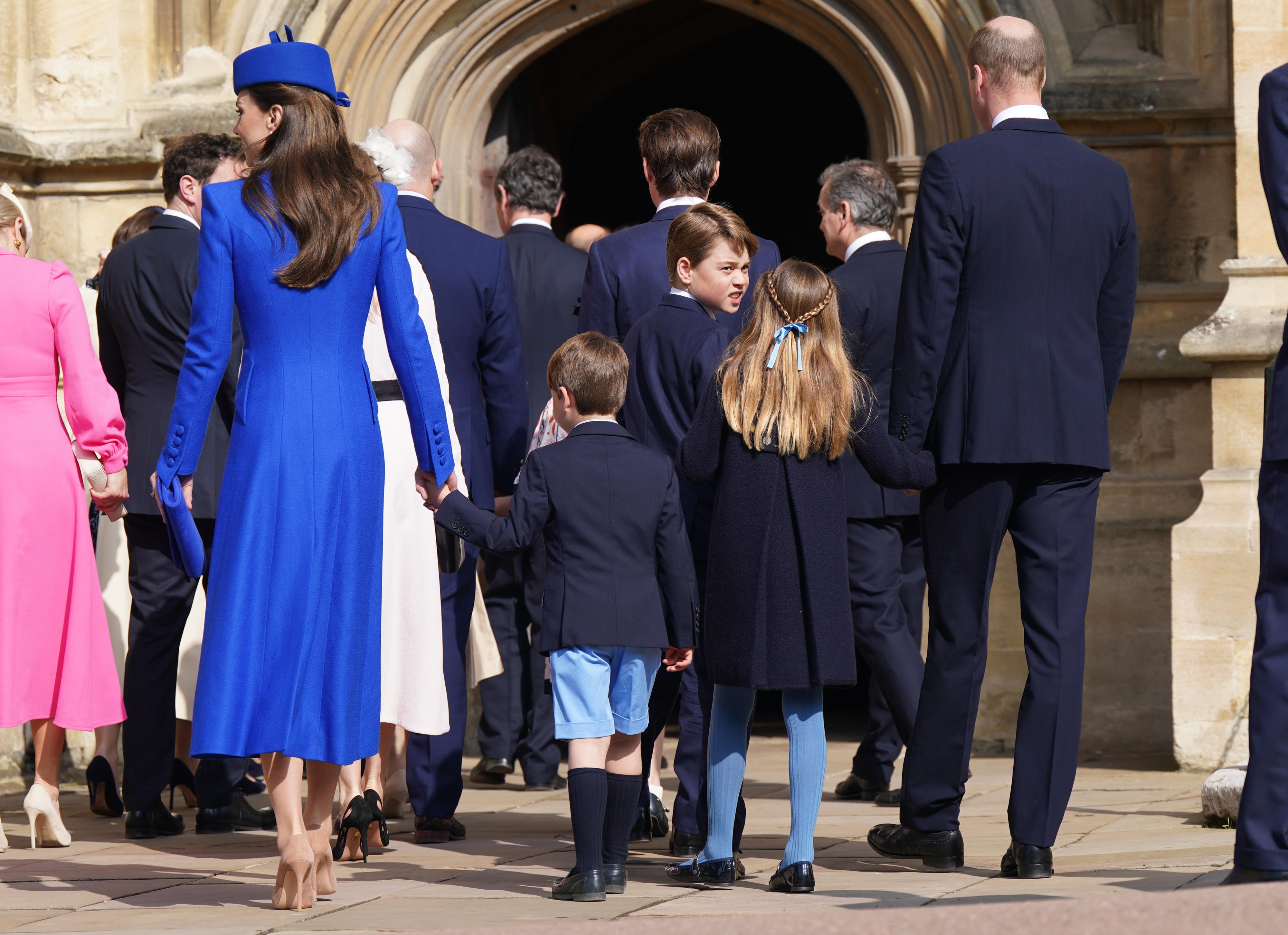 The Princess of Wales, Prince Louis, Prince George, Princess Charlotte, and Prince William at the Easter Mattins Service at Windsor Castle on April 9, 2023, in Windsor, England | Source: Getty Images