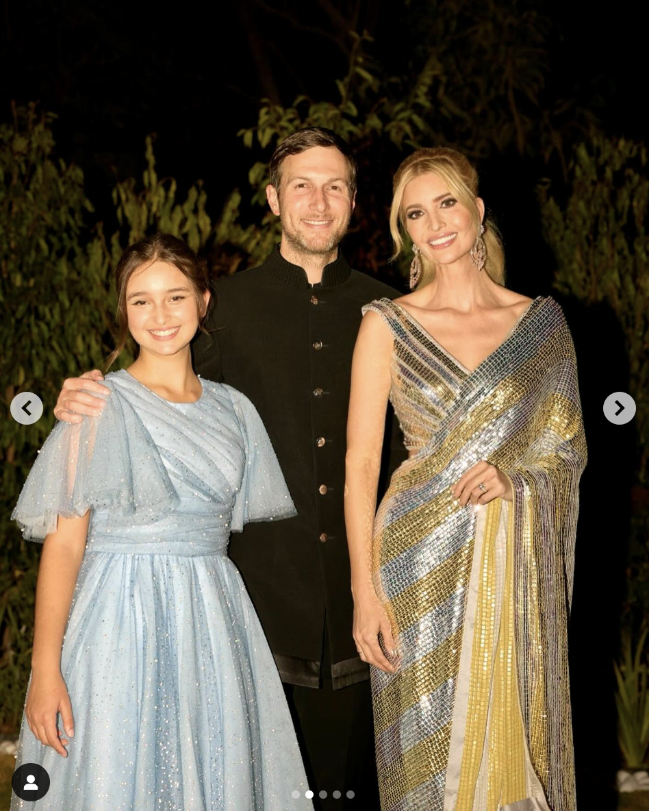 Ivanka Trump with her husband Jared Kushner and daughter Arabella Rose during the pre-wedding festivities of Anant Ambani and Radhika Merchant as shared by Ivanka on her social media in March 2024 | Source: instagram/ivankatrump