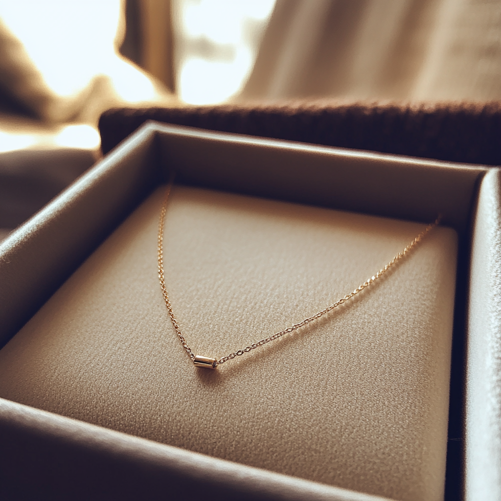 A gold necklace in a box | Source: Midjourney