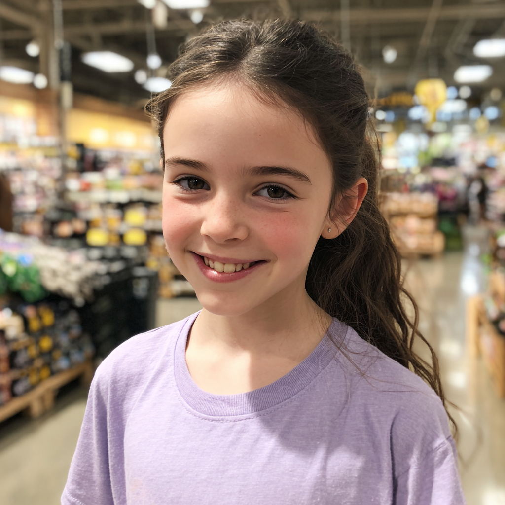 A smiling little girl standing in a grocery store | Source: Midjourney