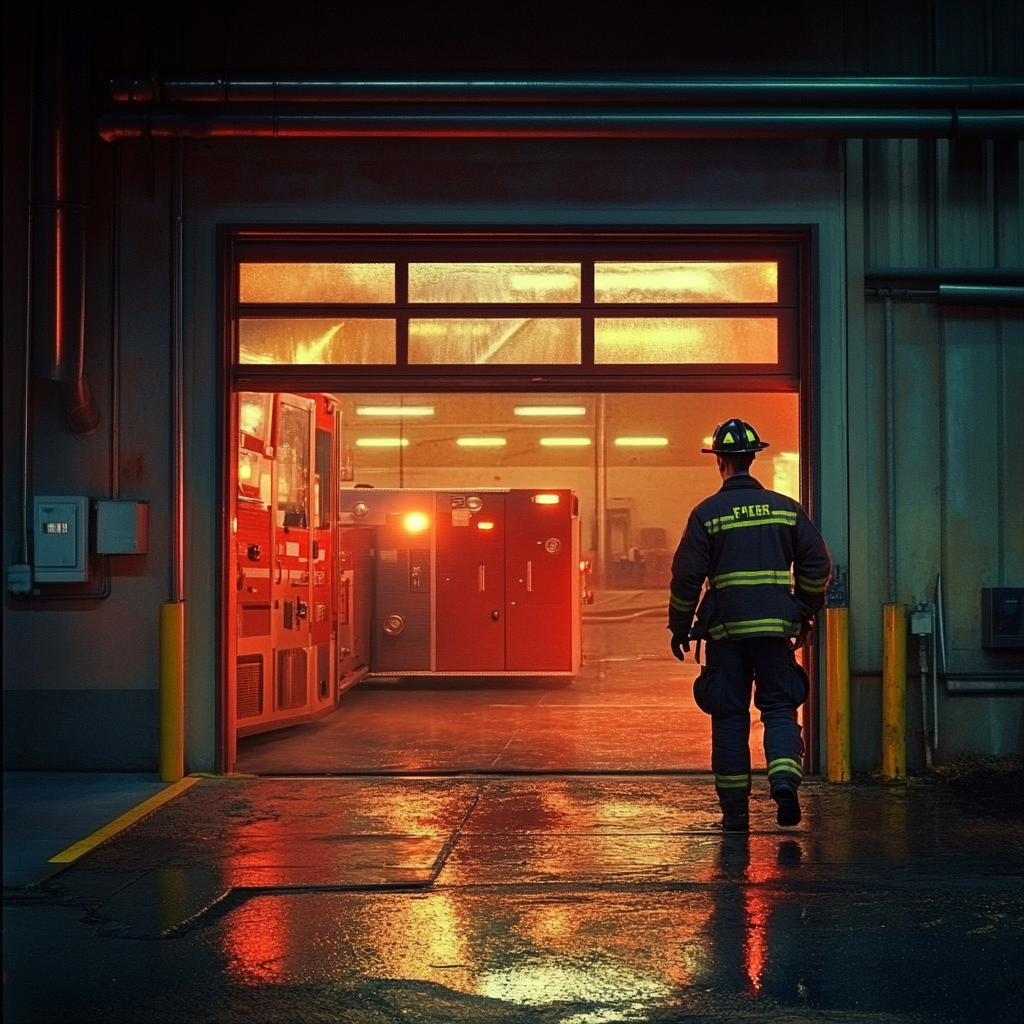 A firefighter coming to work | Source: Midjourney