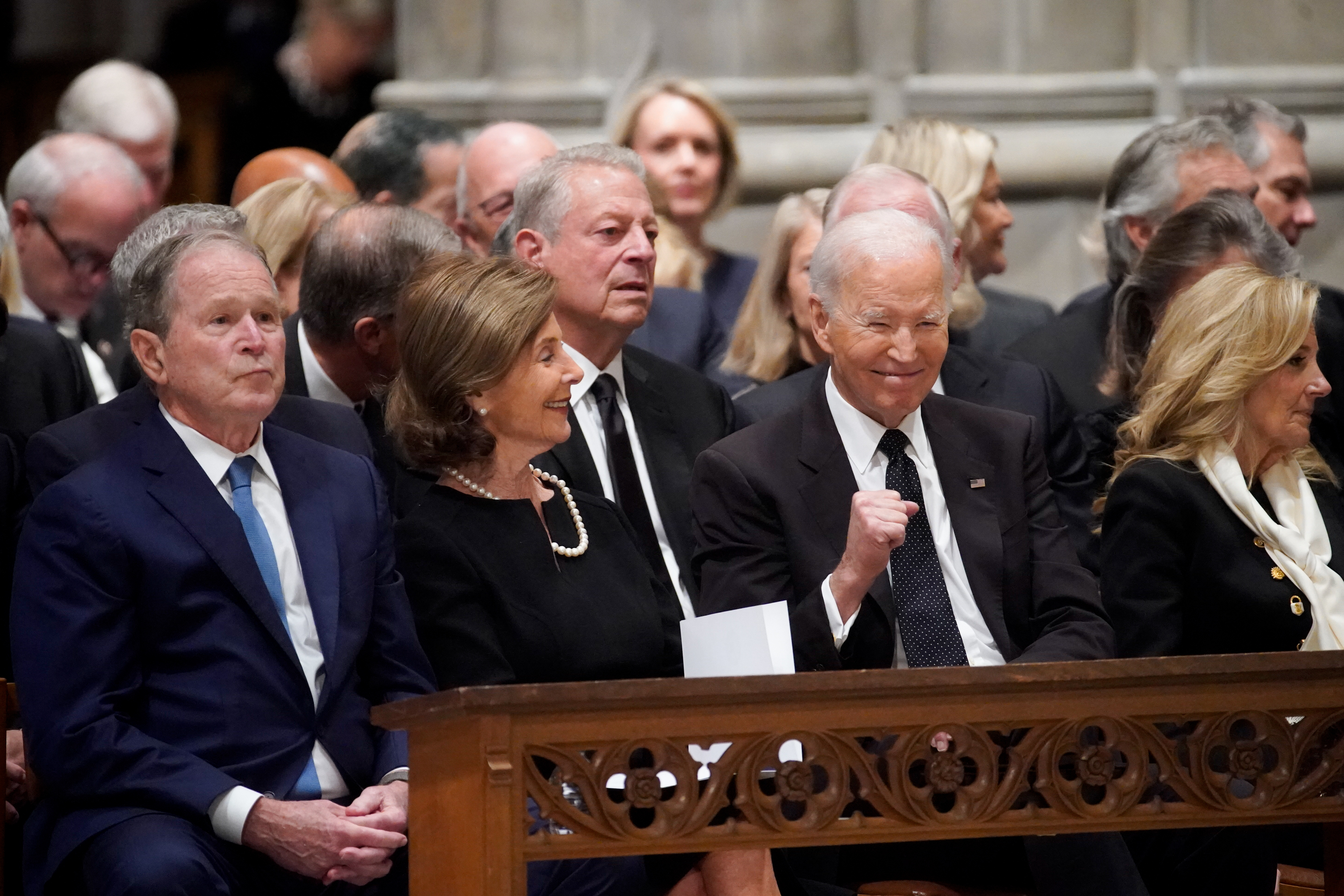 Former U.S. President George W. Bush and former U.S. First Lady Laura Bush sit next to former U.S. President Joe Biden and former U.S. First Lady Dr. Jill Biden at former U.S. Vice President Dick Cheney's funeral service in Washington, D.C. on November 20, 2025. | Source: Getty Images