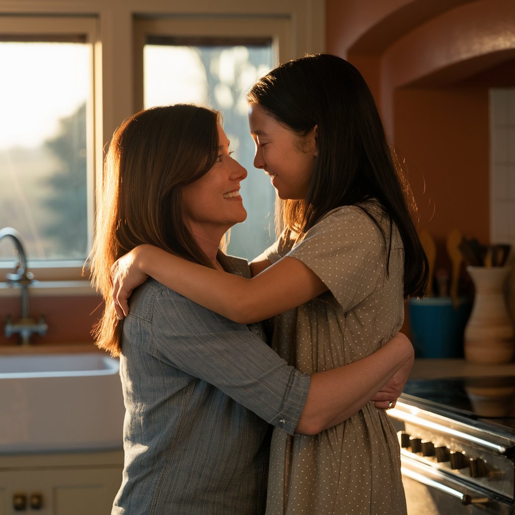 A woman and teenage girl hugging in a kitchen | Source: Midjourney