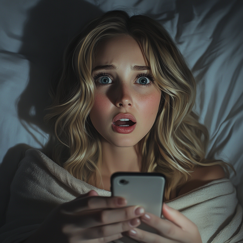 A startled woman in bed holding a phone | Source: Midjourney