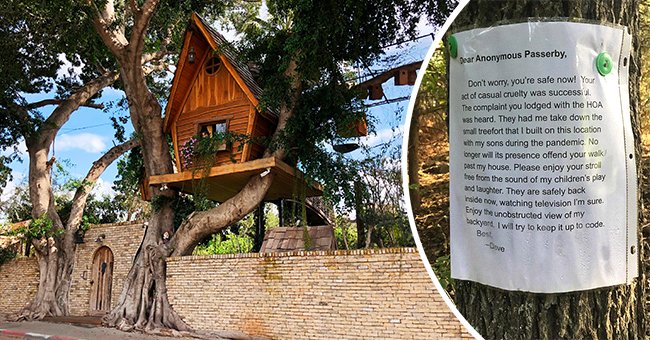 Father leaves letter for a rude neighbor who asked his kids to tear down their treehouse | Photo: Twitter/nypost, Shutterstock