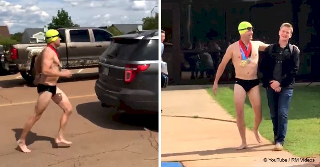 Dad levels up son's shaming by picking him up from school in swimming trunks