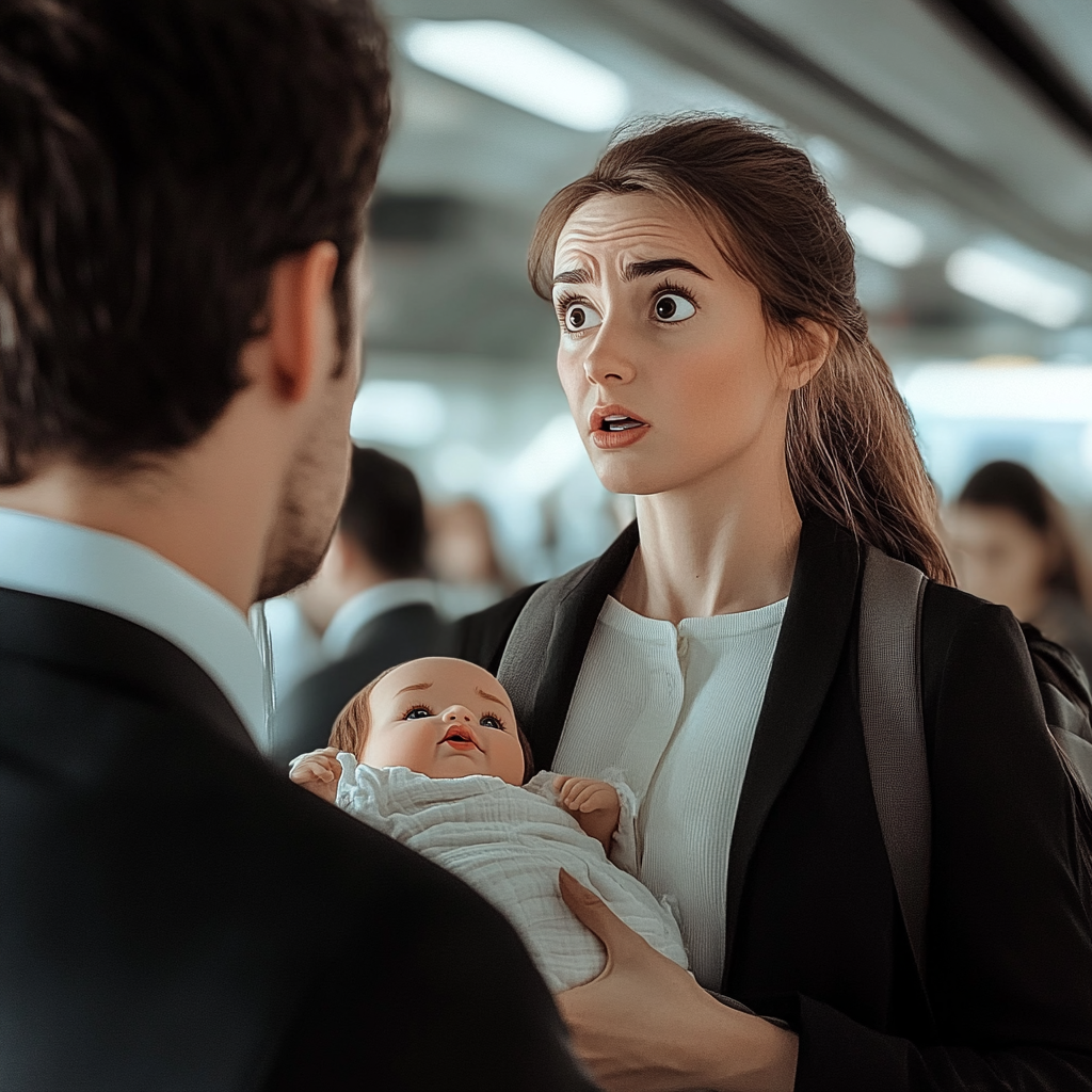 Shocked woman holding a baby doll | Source: Midjourney