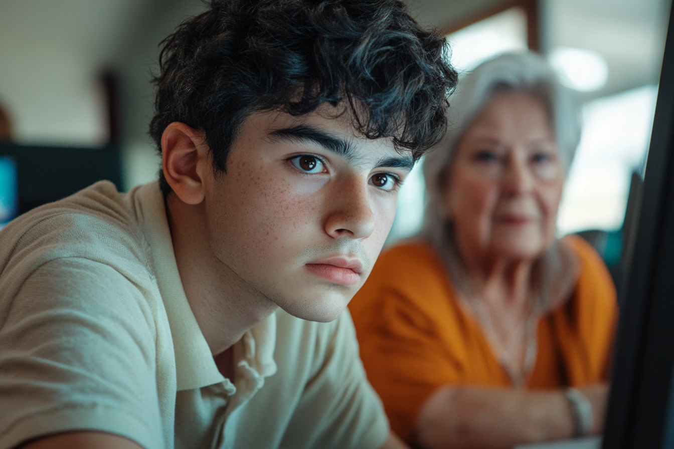 Um adolescente usando o computador enquanto uma mulher mais velha observa | Fonte: Midjourney