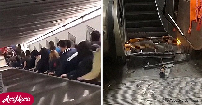 Die Rolltreppe rast plötzlich abwärts, Menschen stürzen übereinander