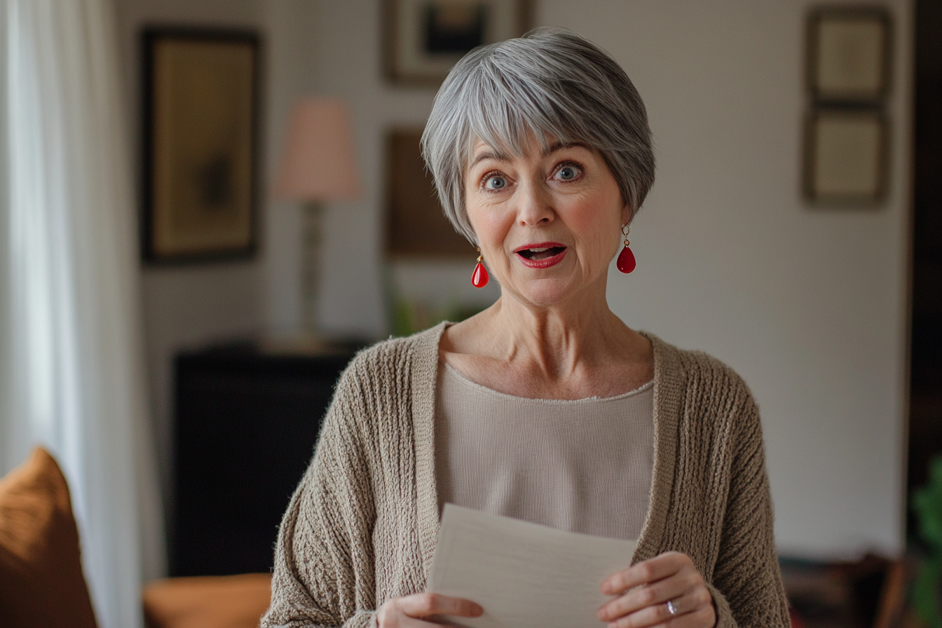 Uma mulher na casa dos 60 anos com expressão de surpresa enquanto segura um pedaço de papel | Fonte: Midjourney