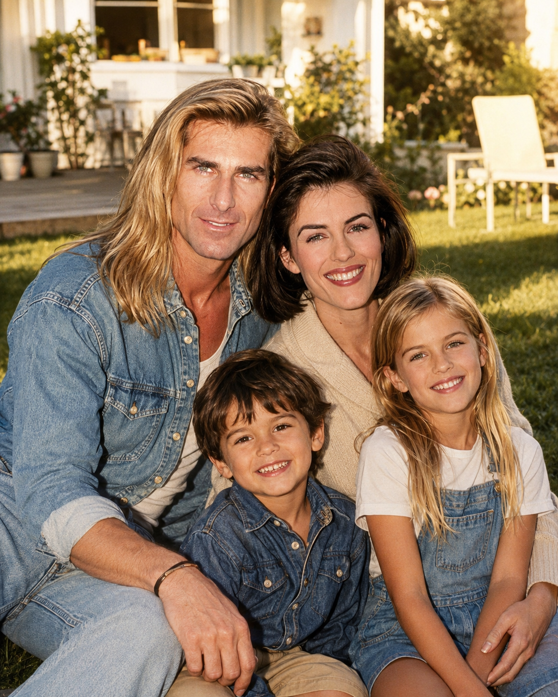 An AI-imagined family portrait shows Fabio and Elizabeth Hurley sitting outdoors on the lawn with their young son and daughter, all wearing casual denim jackets, overalls, and cozy knits for a warm family photo. | Source: ChatGPT