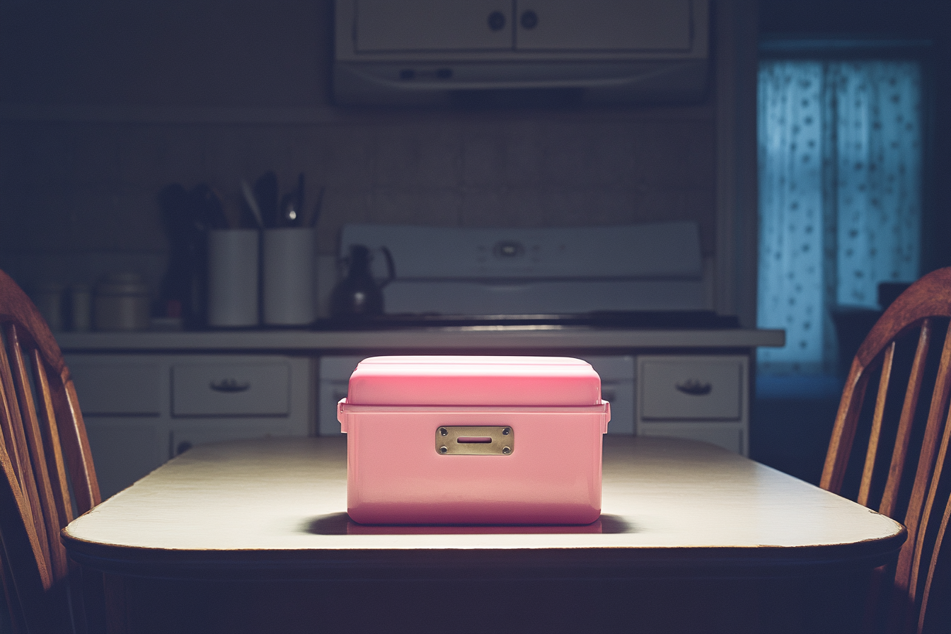 A pink lunch box on a table | Source: Midjourney