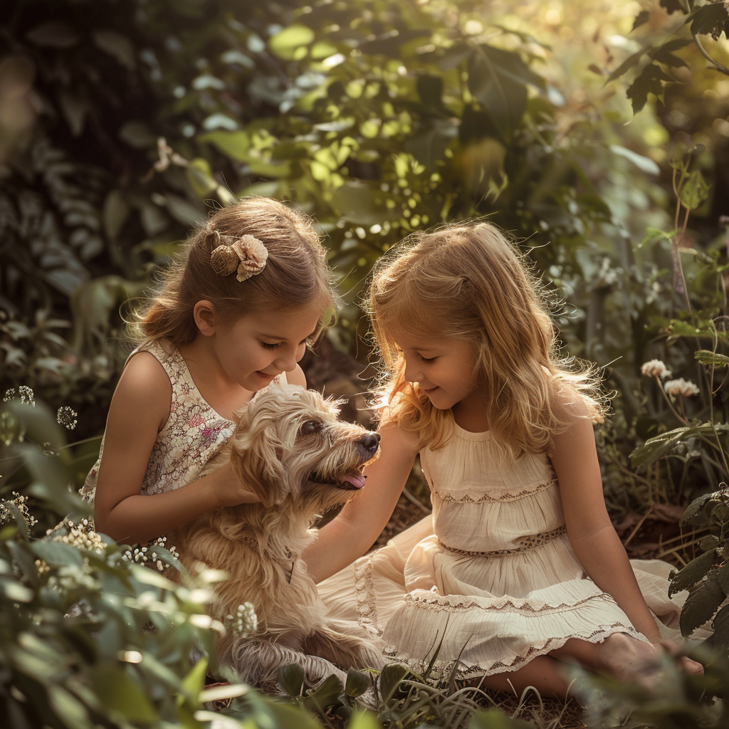 Little girls playing with a dog | Source: Midjourney