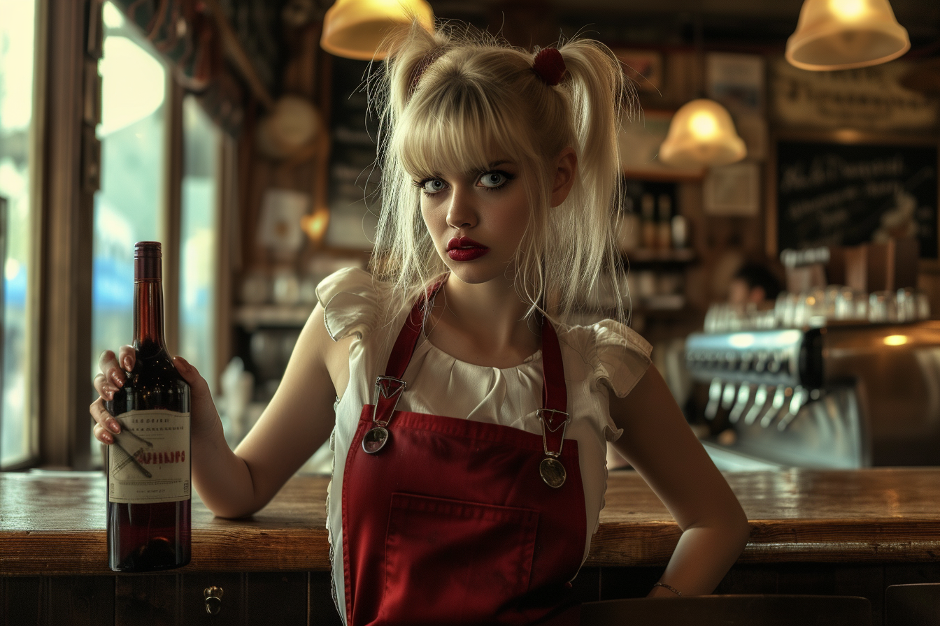 A waitress holding a bottle | Source: Midjourney