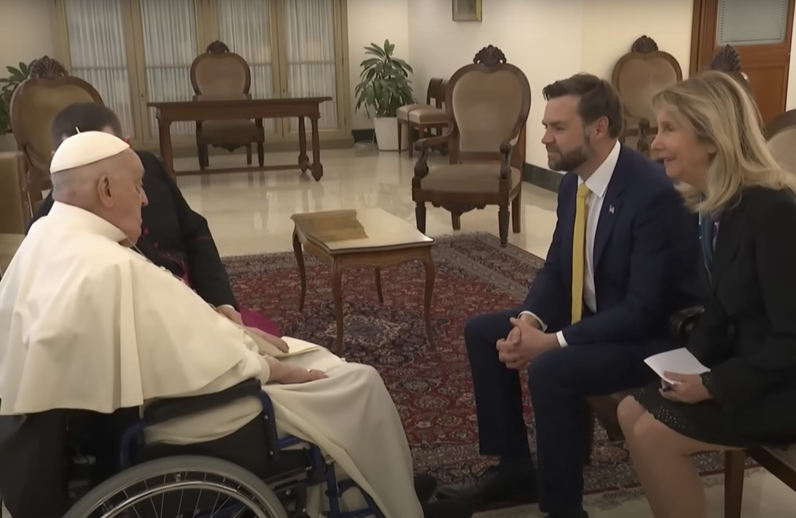 A screenshot of Pope Francis and JD Vance during their Easter exchange from a video dated April 20, 2025. | Source: YouTube/AFP News Agency