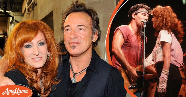 Bruce Springsteen and Patti Scialfa at the Super Bowl XLIII on February 1, 2009 (left), Bruce Springsteen and Patti Scialfa on stage at a concert circa 1984 (right) | Source: Getty Images