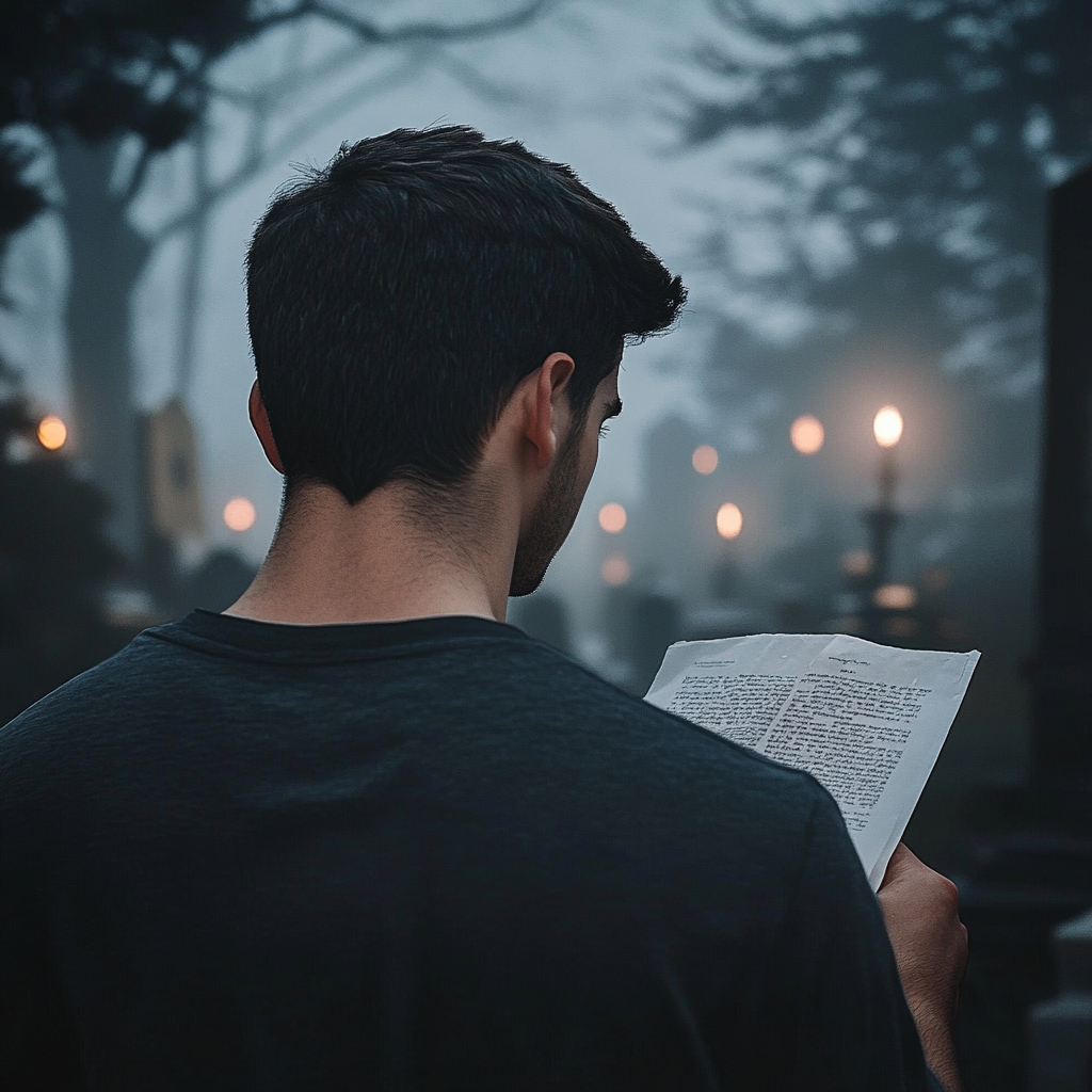 A man reading a letter in a cemetery | Source: Midjourney