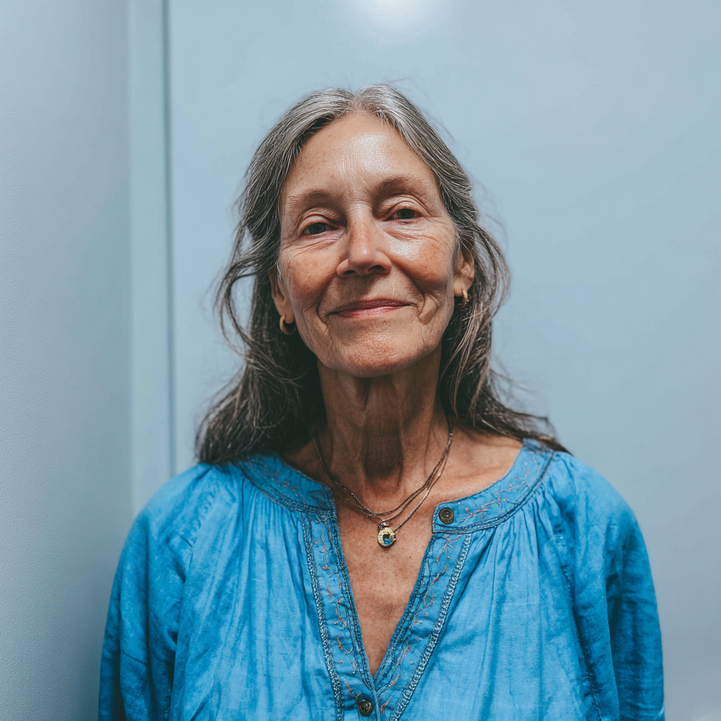 A smiling older woman wearing a blue blouse | Source: Midjourney