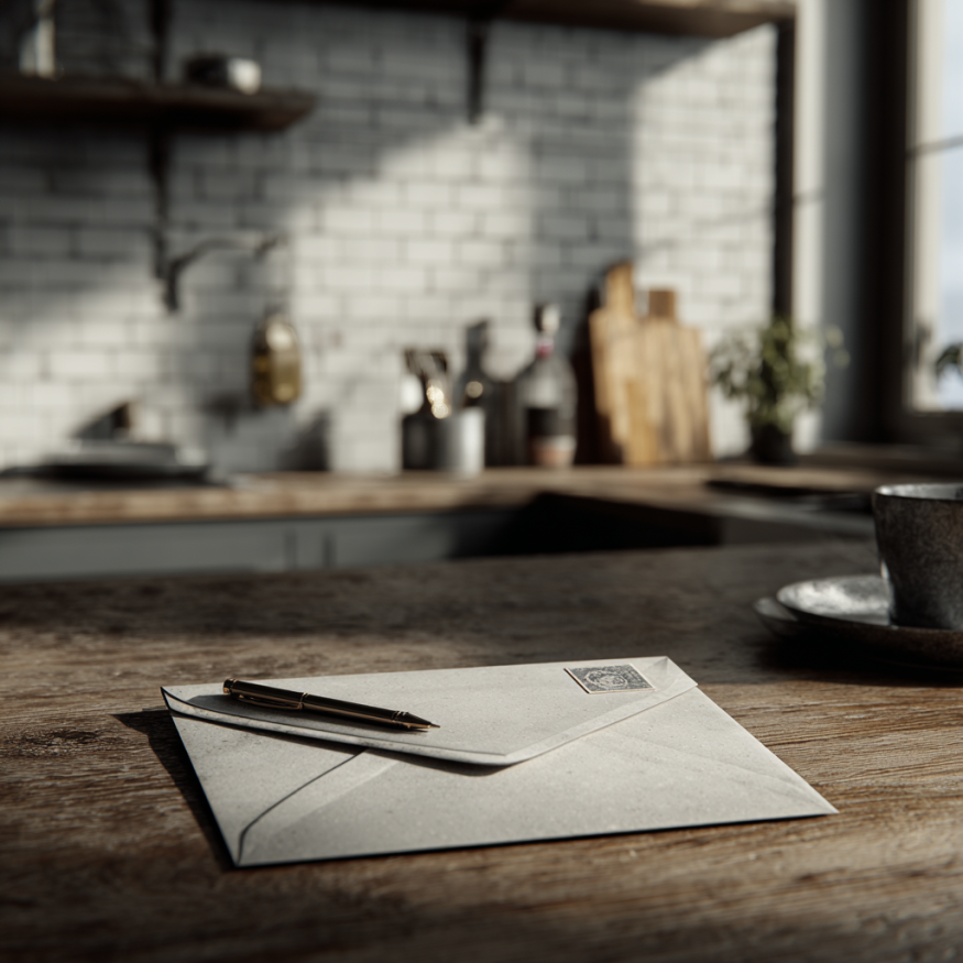 An envelope on a kitchen counter | Source: Midjourney