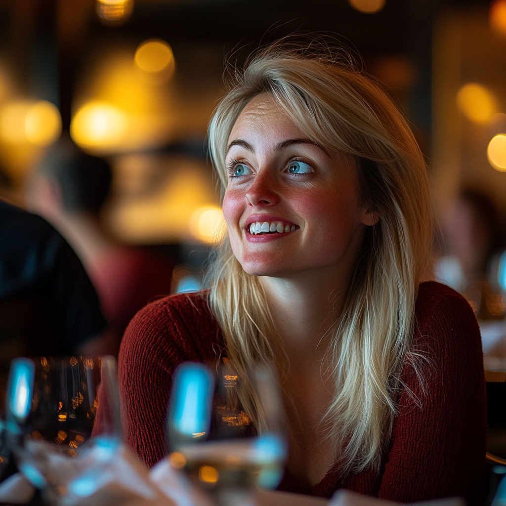 A woman laughs while sitting in an upscale restaurant | Source: Midjourney