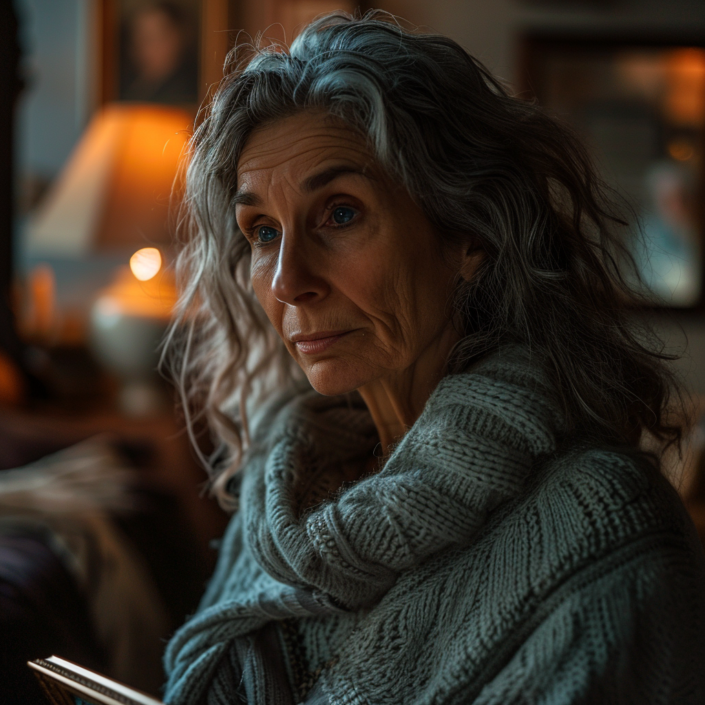 An older woman clutching a framed photo | Source: Midjourney