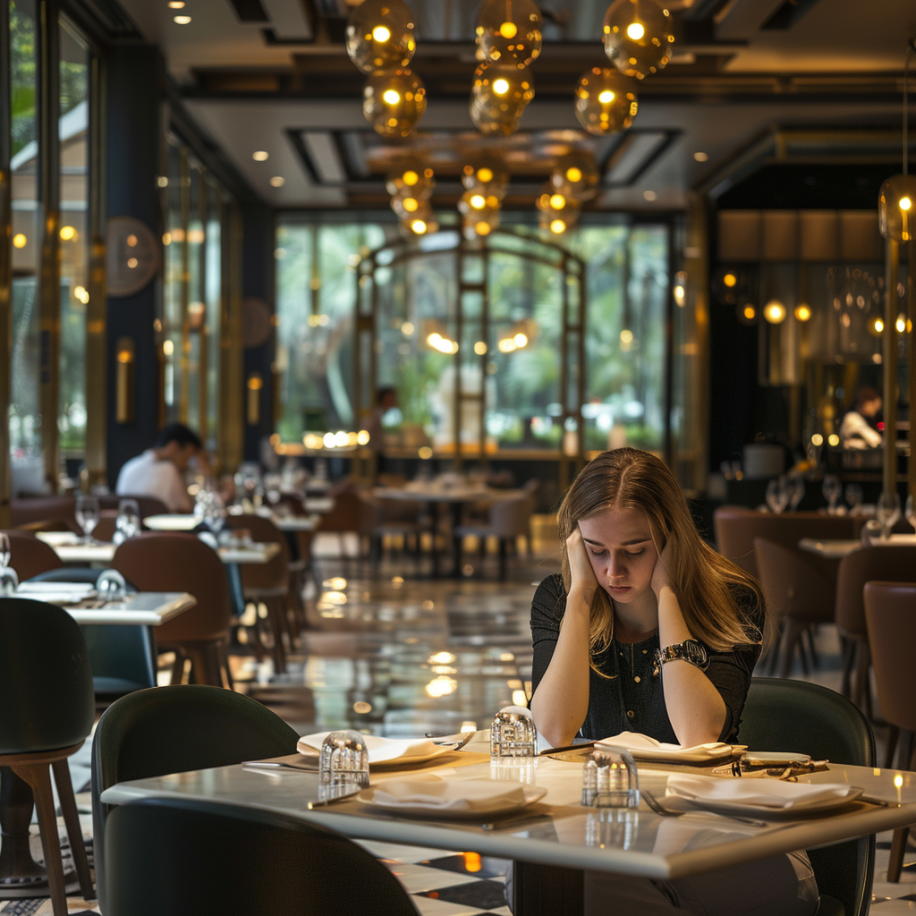 A woman burdened with remorse is sitting alone in a restaurant | Source: Midjourney