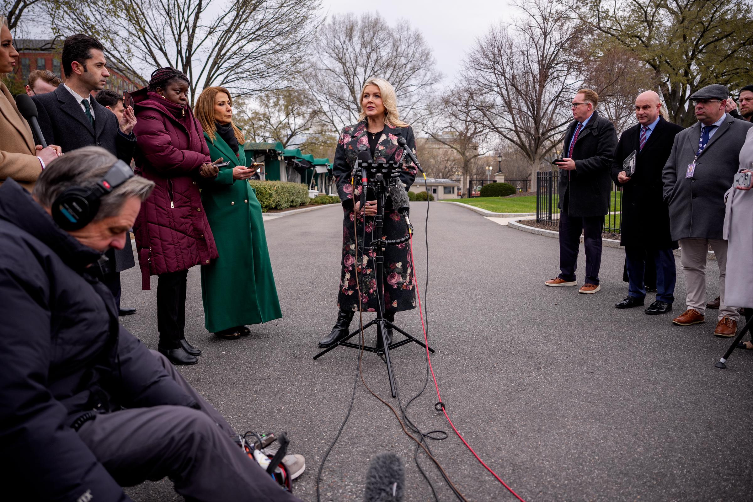 Karoline Leavitt speaks to reporters on the North Lawn during a media briefing | Source: Getty Images