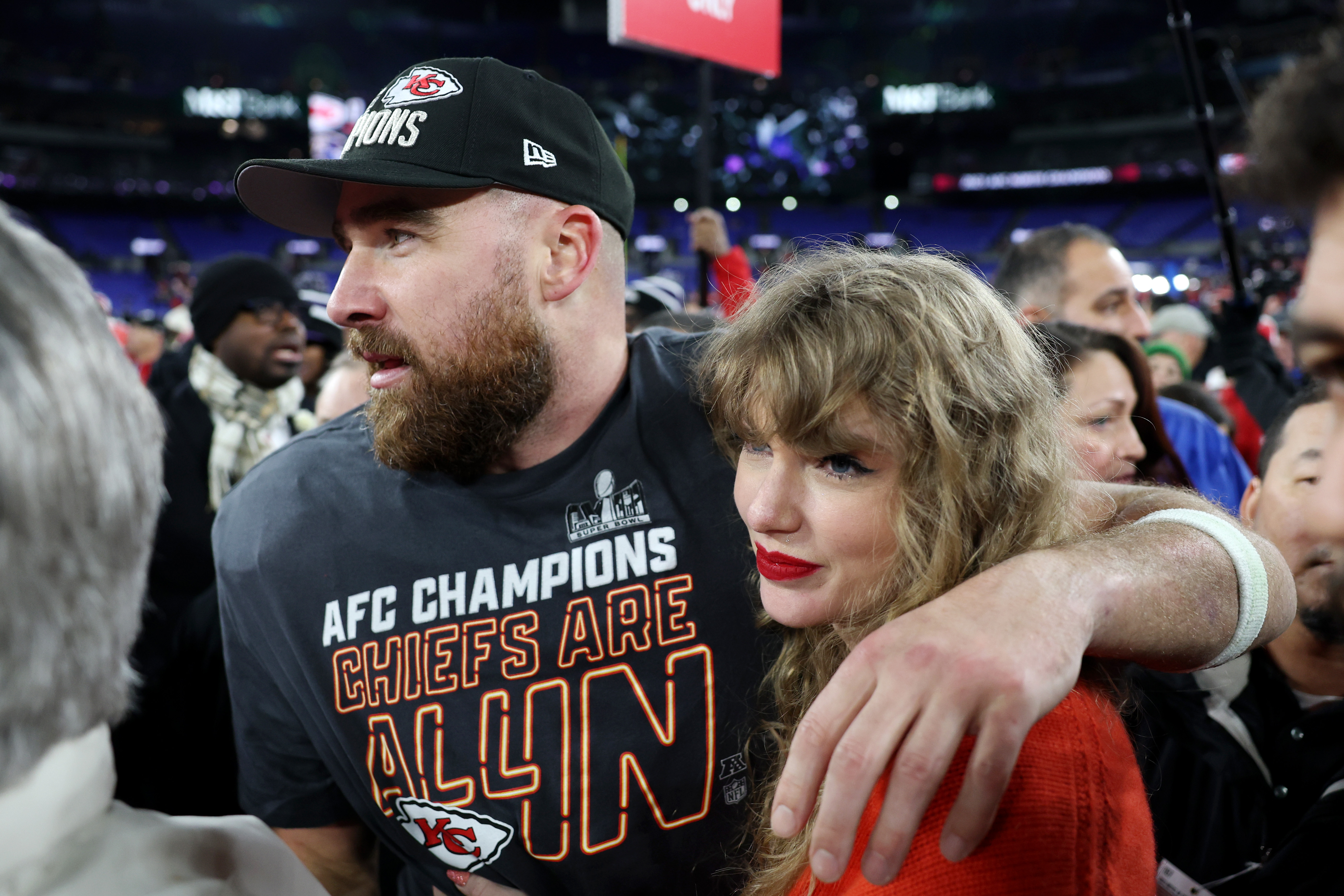 Travis Kelce celebrates with Taylor Swift after a football game on January 28, 2024, in Baltimore, Maryland. | Source: Getty Images