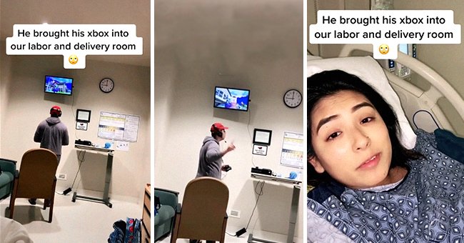 Pregnant woman lies in a hospital bed and shows viewers her boyfriend who is gaming in the room | Photo: TikTok/anxietycouple