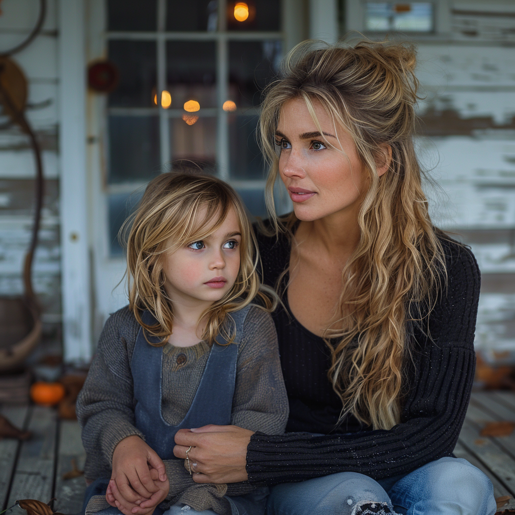 A mother and her daughter on their front porch | Source: Midjourney